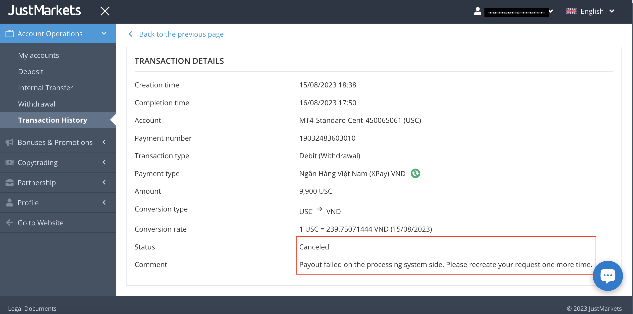 Withdraw failed unclear reason